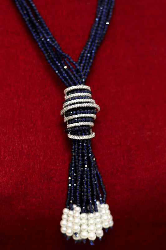 Navy blue beaded silver tone long necklace