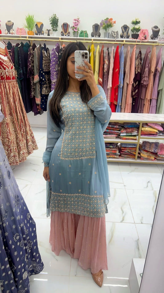 Chinon silk blue pink contrast suit