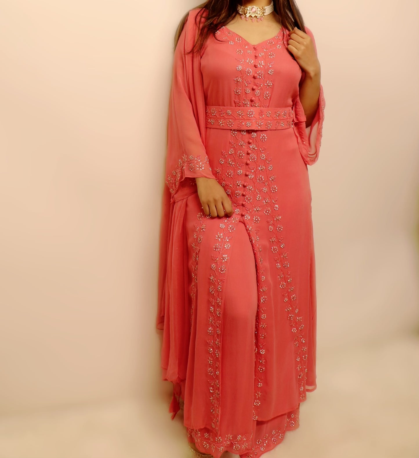 Pink belted party wear stone work suit