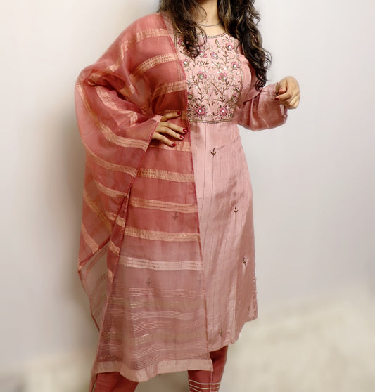 Muslin nude pink three piece with organza duppata