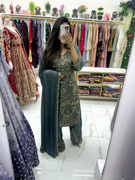 Silk grey hand work suit