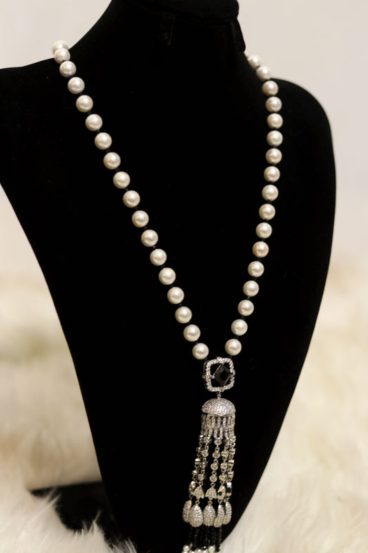 Heavy pearl long necklace with silver plating