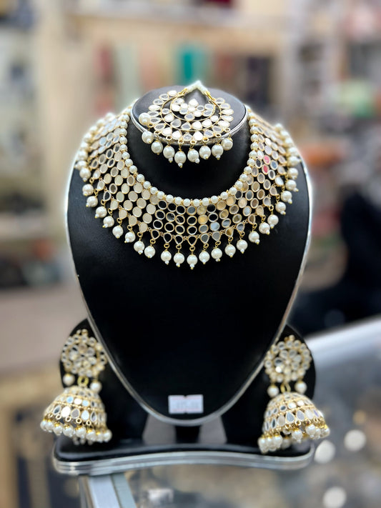 Gold white mirror necklace set