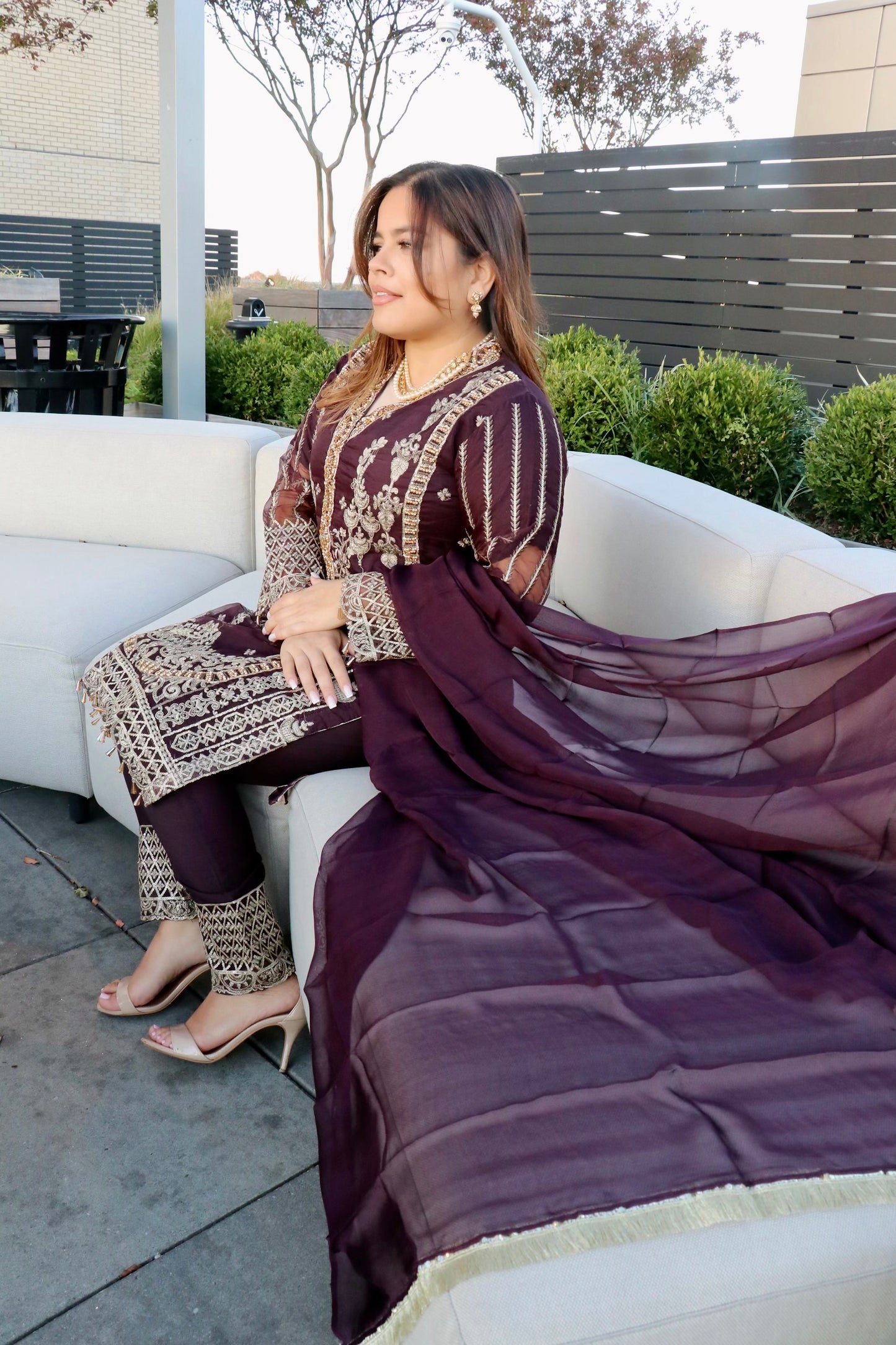 Deep plum organza party suit