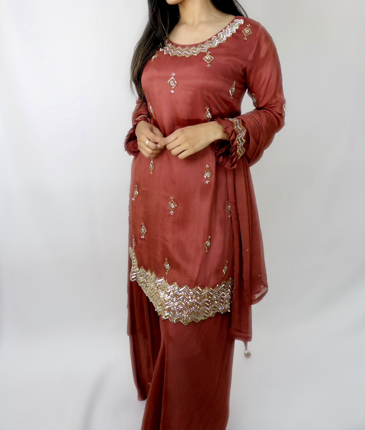 Rust silk with hand bead work suit