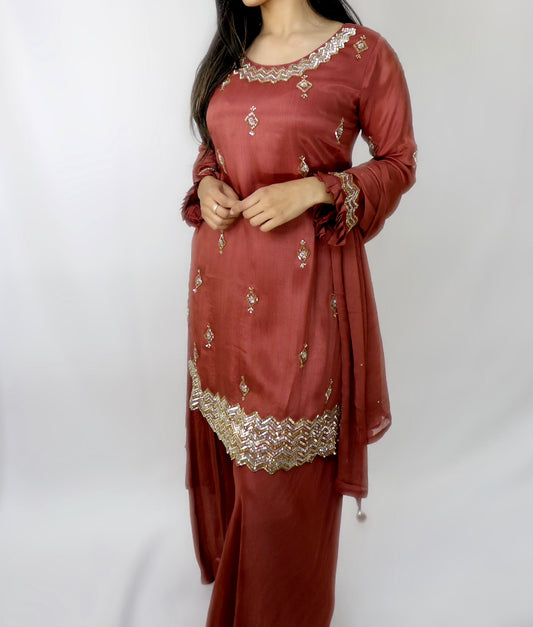 Rust silk with hand bead work suit