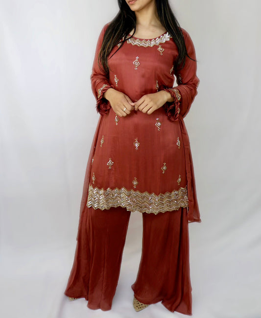 Rust silk with hand bead work suit