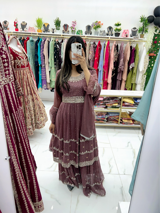 Mocha color stone work gharara suit