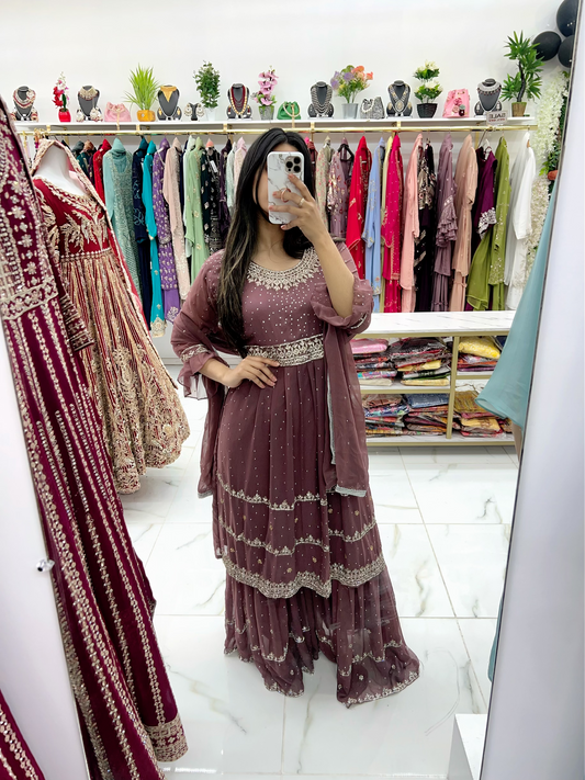 Mocha color stone work gharara suit